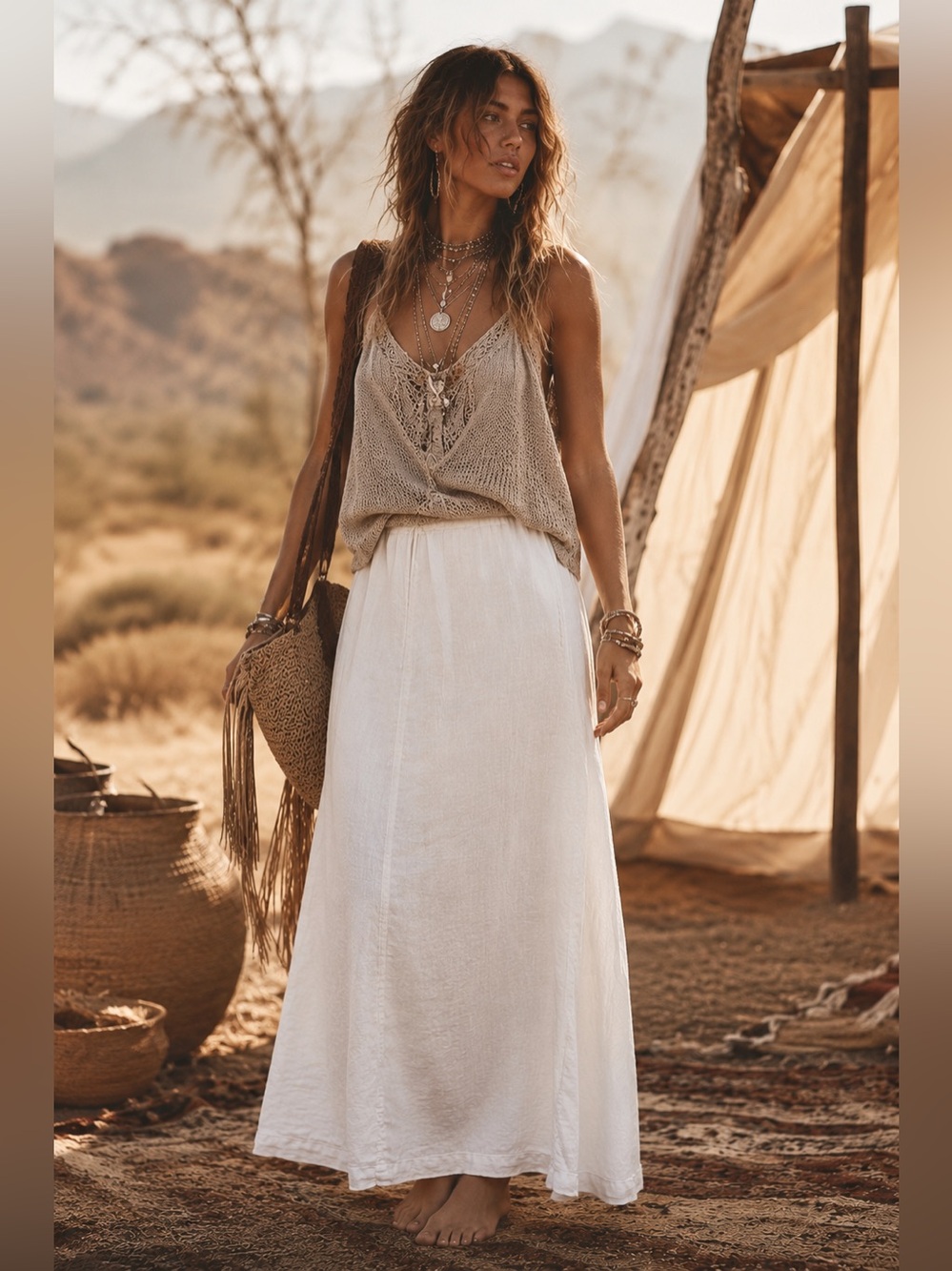 GAP 100% Linen Off-White Maxi Skirt Raw Hem Coastal Boho